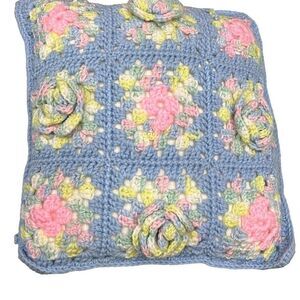 Home Decor Multicolor Granny Square Knitted Rosettes Pillow Size 12” x 13”